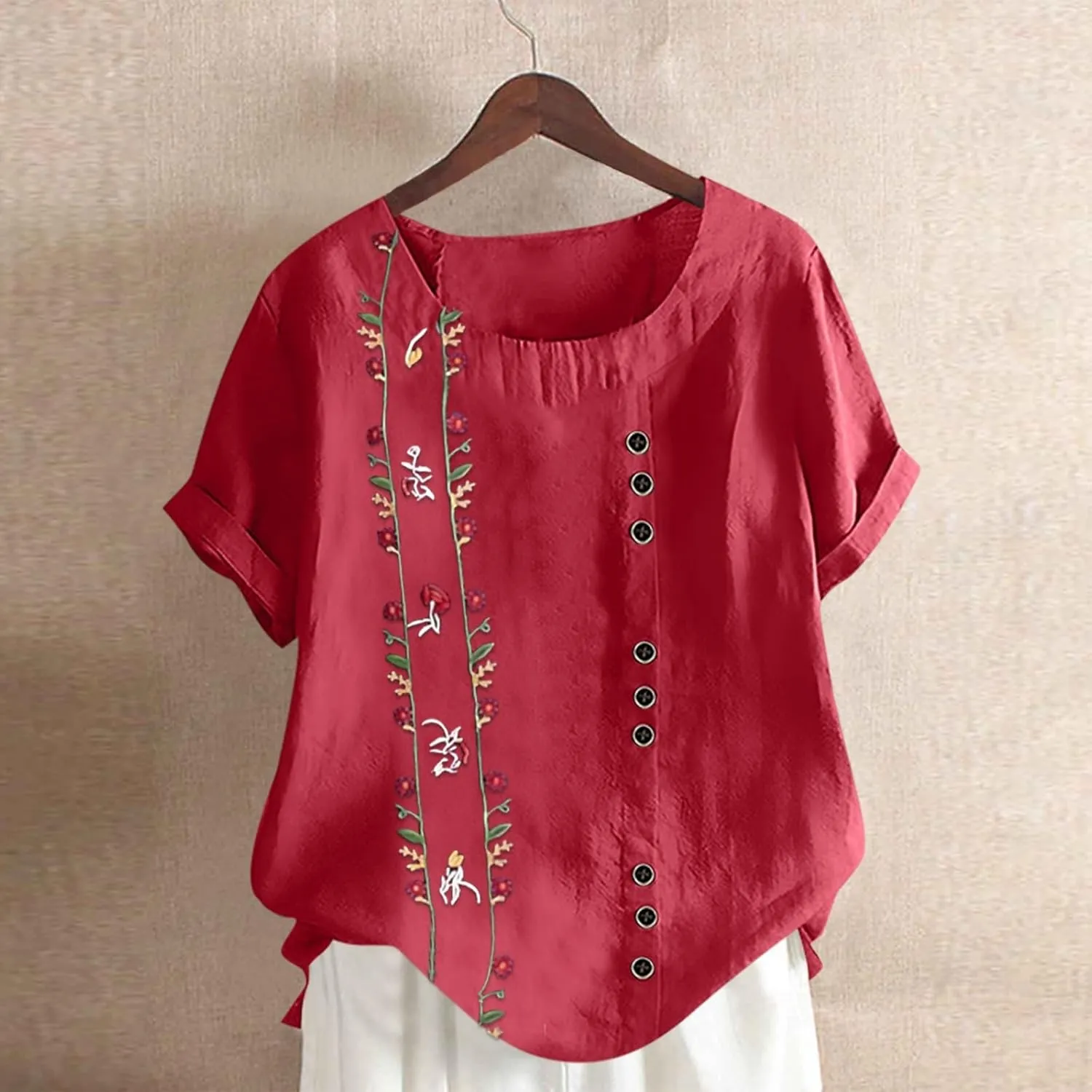 Linen Shirts for Women Loose Fit 2025 Summer Casual Crewneck Short Sleeve Tshirts Embroidery Lightweight Gauze Tops