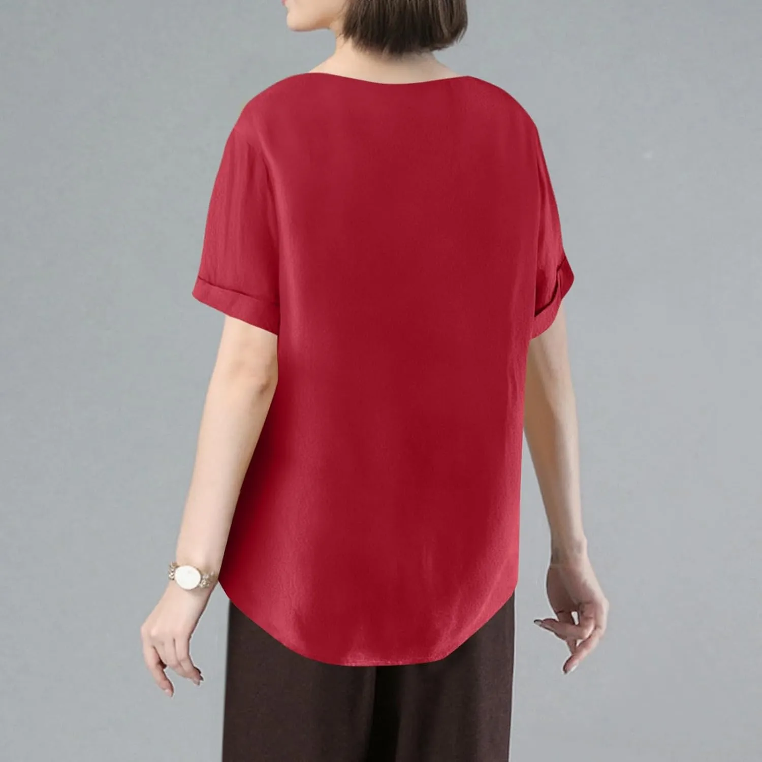 Linen Shirts for Women Loose Fit 2025 Summer Casual Crewneck Short Sleeve Tshirts Embroidery Lightweight Gauze Tops
