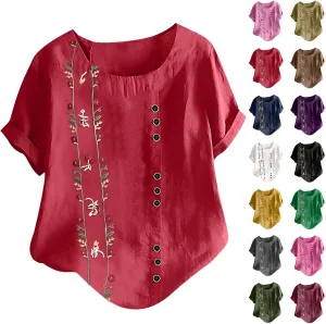 Linen Shirts for Women Loose Fit 2025 Summer Casual Crewneck Short Sleeve Tshirts Embroidery Lightweight Gauze Tops