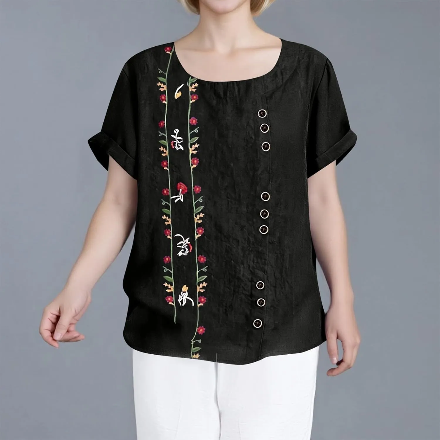Linen Shirts for Women Loose Fit 2025 Summer Casual Crewneck Short Sleeve Tshirts Embroidery Lightweight Gauze Tops