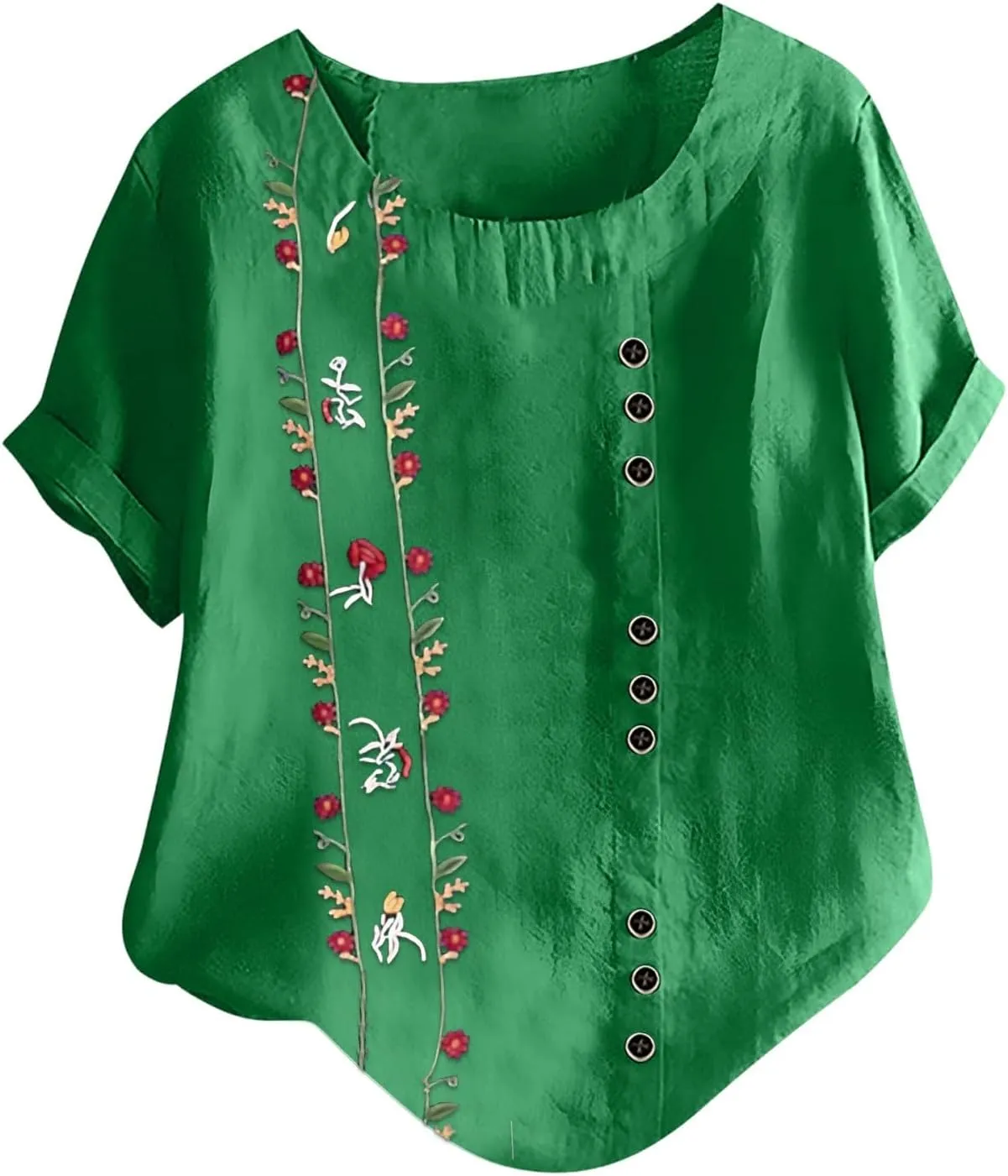 Linen Shirts for Women Loose Fit 2025 Summer Casual Crewneck Short Sleeve Tshirts Embroidery Lightweight Gauze Tops