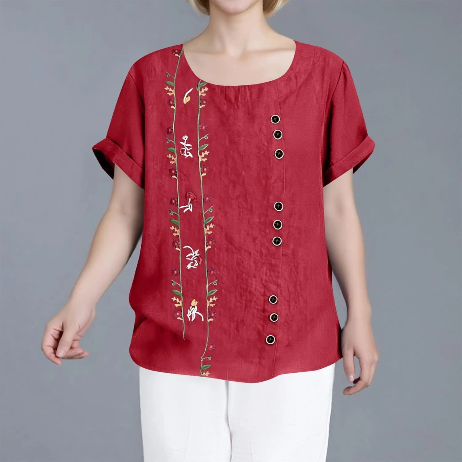 Linen Shirts for Women Loose Fit 2025 Summer Casual Crewneck Short Sleeve Tshirts Embroidery Lightweight Gauze Tops