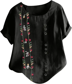Linen Shirts for Women Loose Fit 2025 Summer Casual Crewneck Short Sleeve Tshirts Embroidery Lightweight Gauze Tops