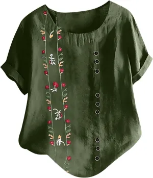 Linen Shirts for Women Loose Fit 2025 Summer Casual Crewneck Short Sleeve Tshirts Embroidery Lightweight Gauze Tops