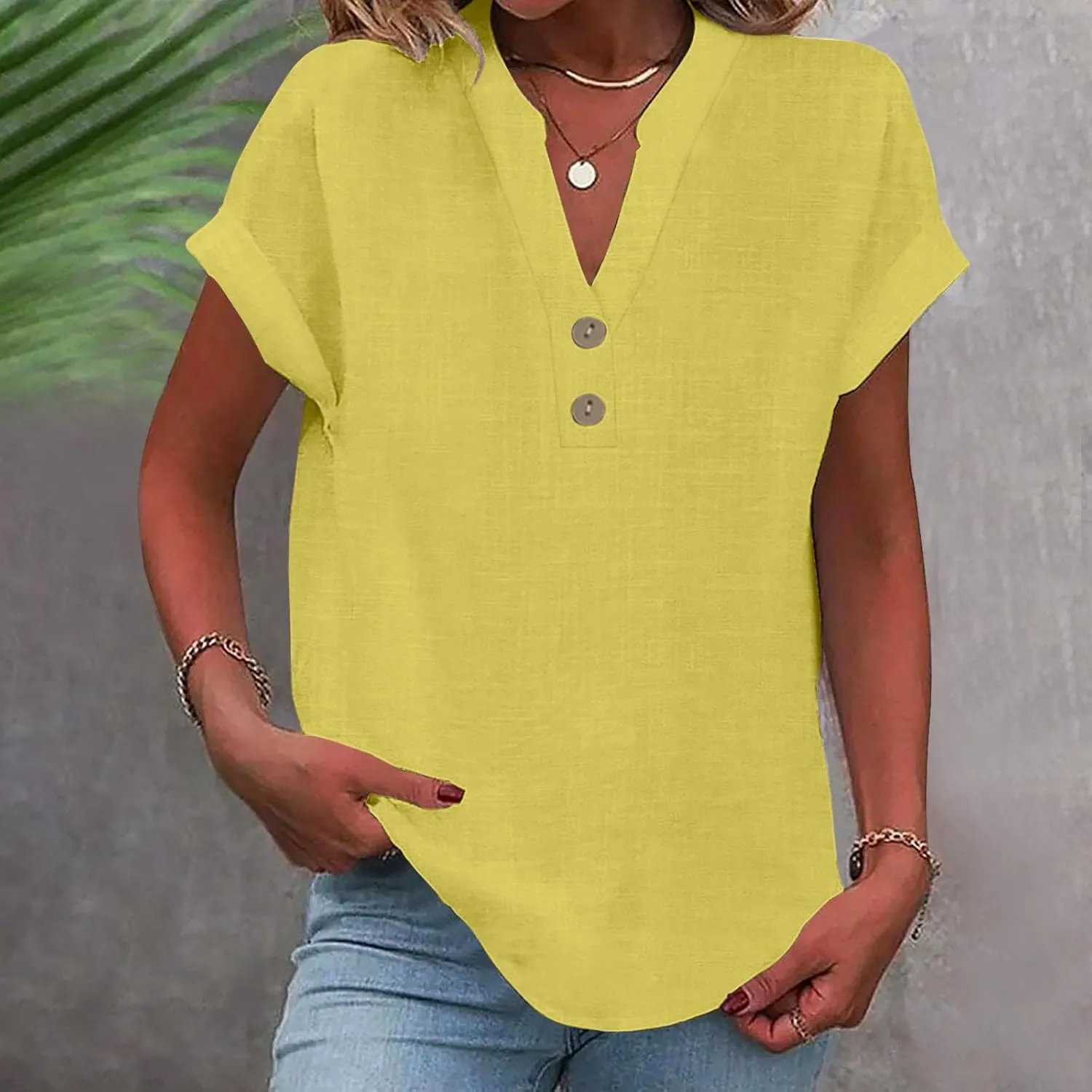 Linen Shirts for Women Loose Fit Vacation Short Sleeve Boho Tops Casual Button Up V Neck T Shirts Solid Summer Blouse