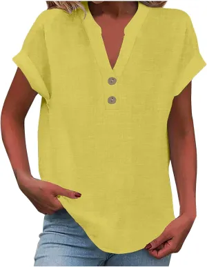 Linen Shirts for Women Loose Fit Vacation Short Sleeve Boho Tops Casual Button Up V Neck T Shirts Solid Summer Blouse