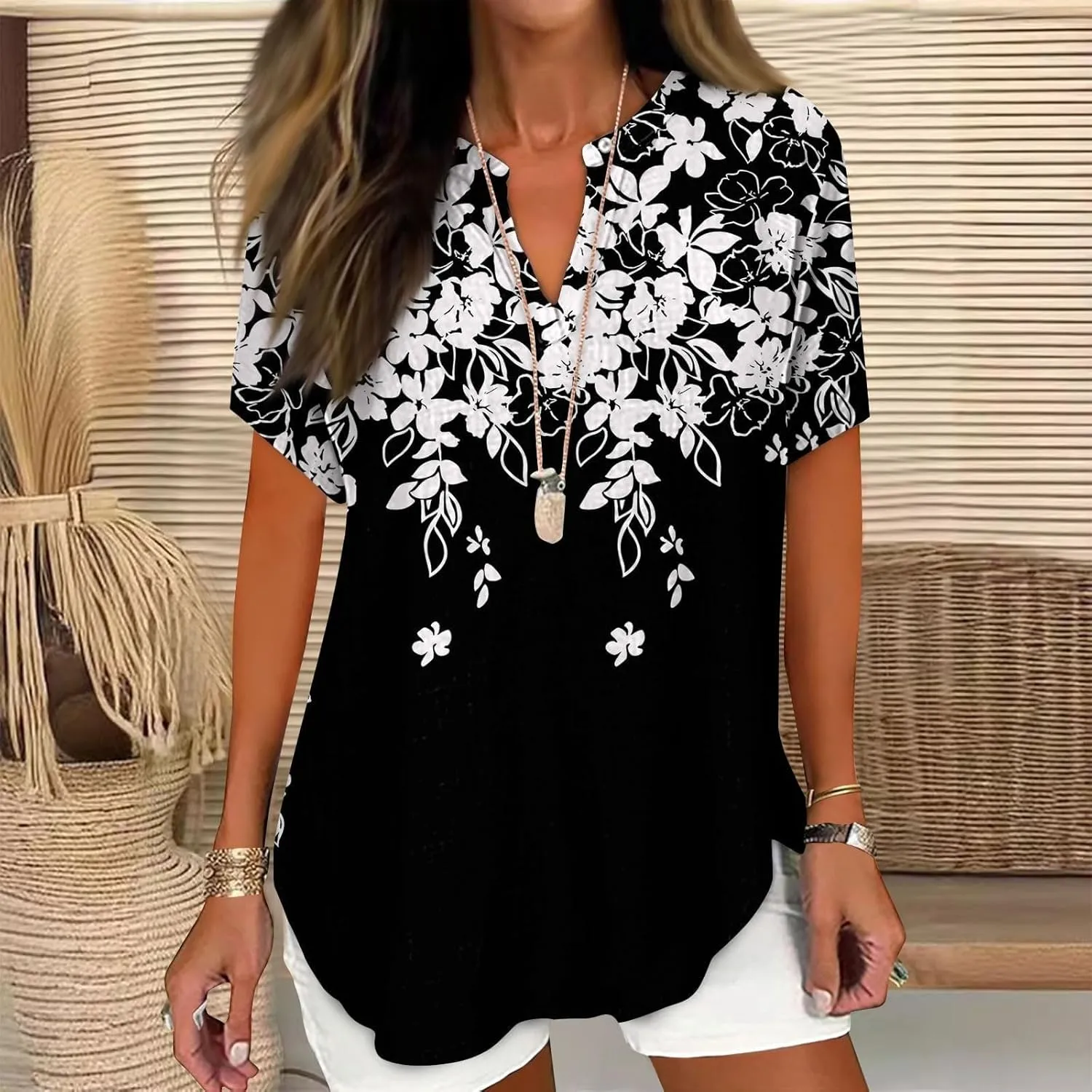 Linen Tops for Women Summer 2024 V Neck Short Sleeve Gauze Shirts Lightweihgt Casual Loose Floral Boho Tops Blouse