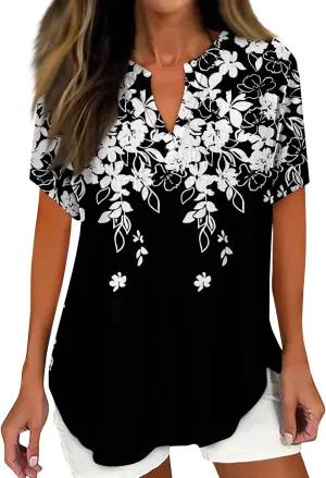 Linen Tops for Women Summer 2024 V Neck Short Sleeve Gauze Shirts Lightweihgt Casual Loose Floral Boho Tops Blouse