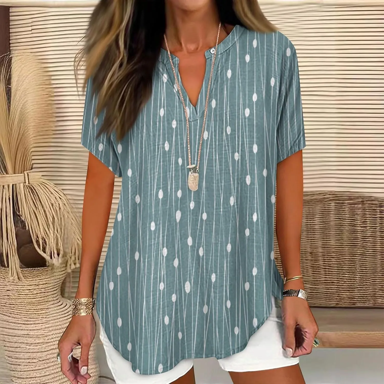 Linen Tops for Women Summer 2024 V Neck Short Sleeve Gauze Shirts Lightweihgt Casual Loose Floral Boho Tops Blouse