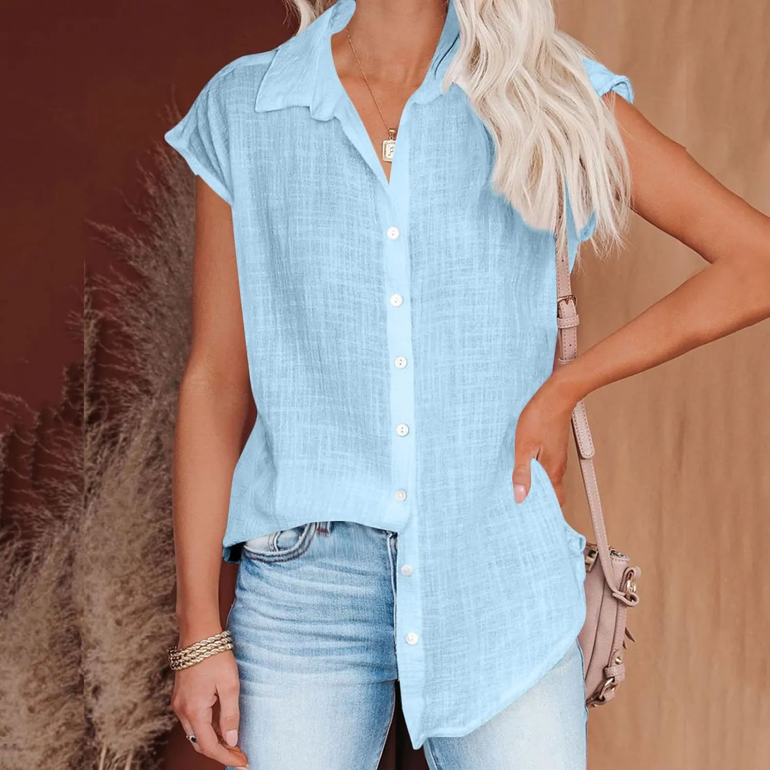 Linen Tops for Women Summer Button Down Shirts 2025 Trendy Work Shirt Tees Casual Short Sleeve Loose T-Shirts