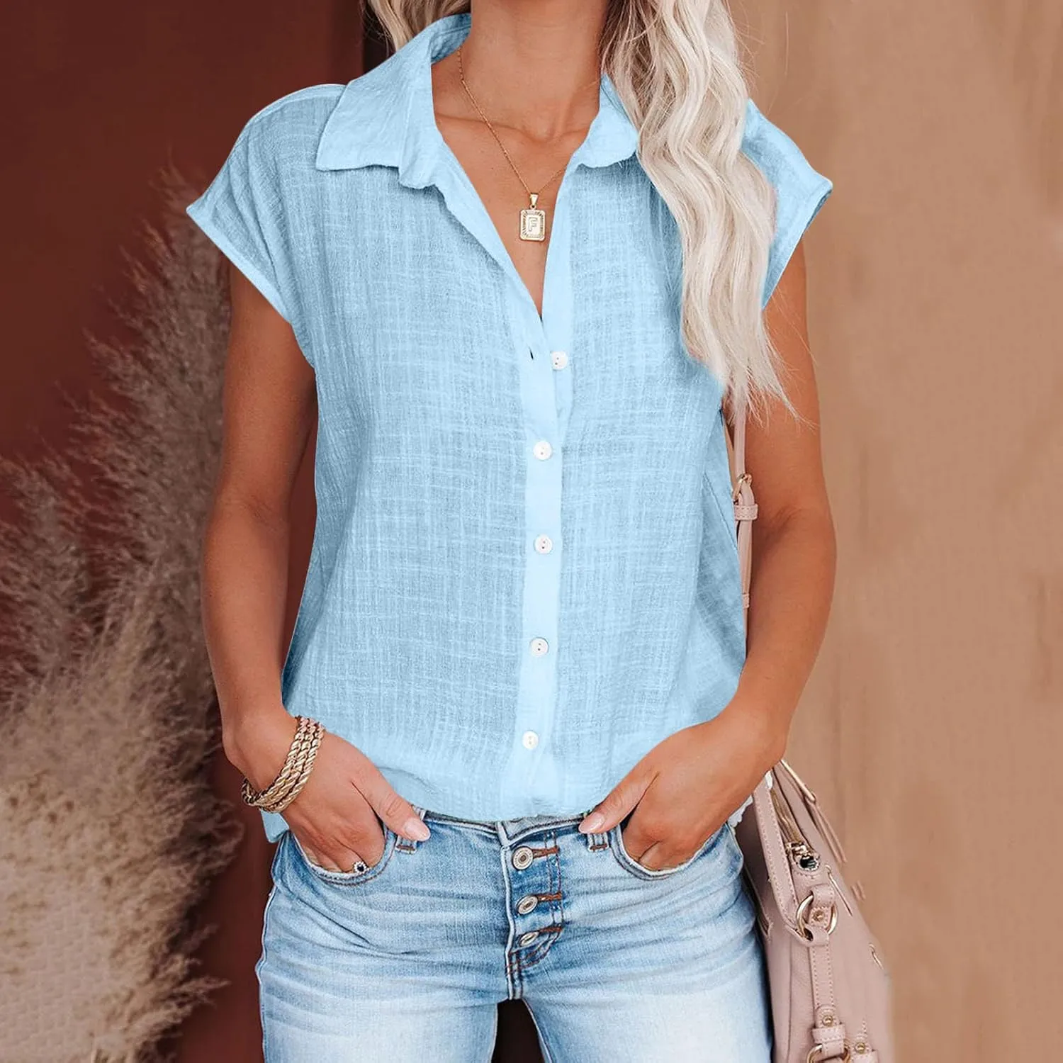 Linen Tops for Women Summer Button Down Shirts 2025 Trendy Work Shirt Tees Casual Short Sleeve Loose T-Shirts