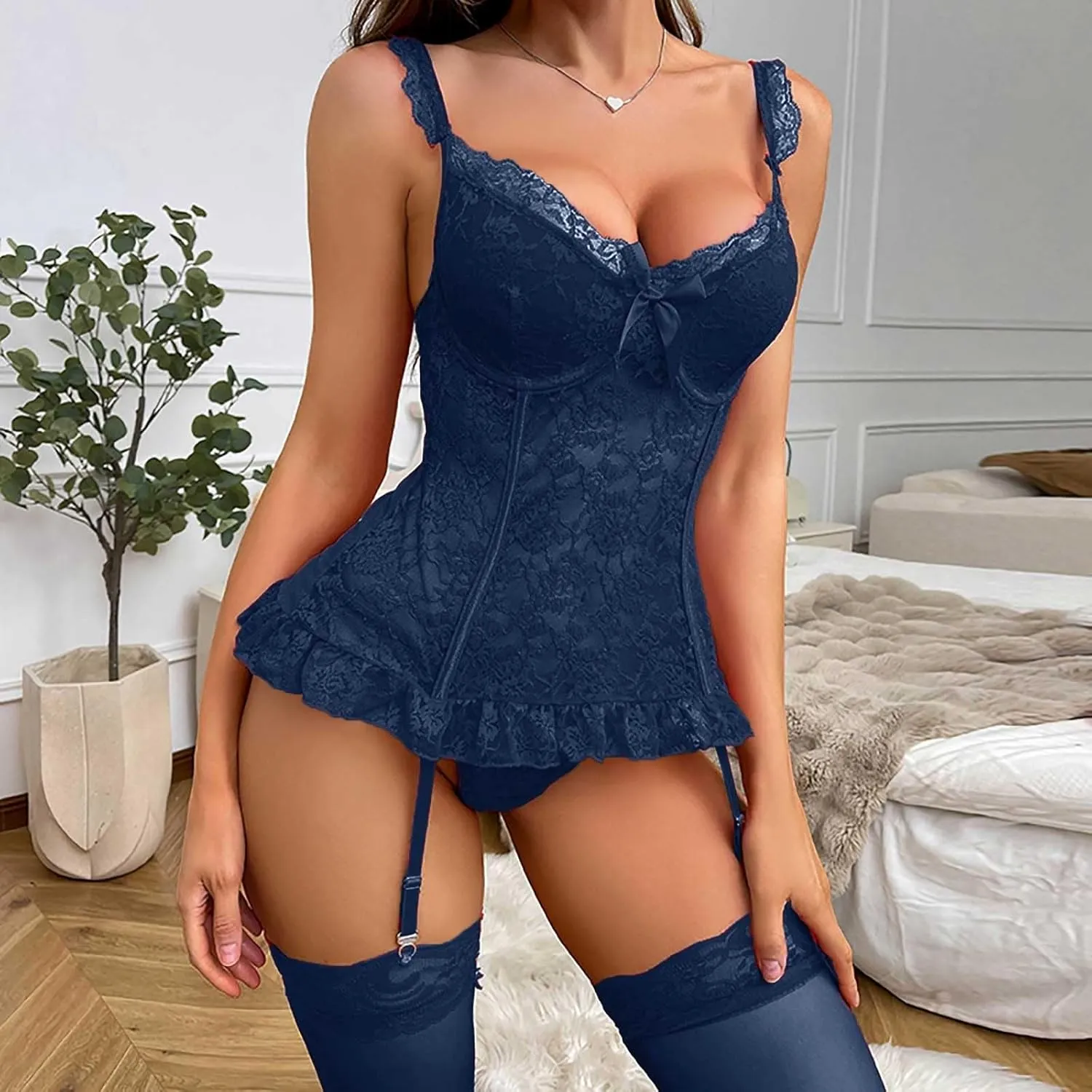 Lingerie Costume for Women Christmas Lace Mesh Nightdress Set Big Bust