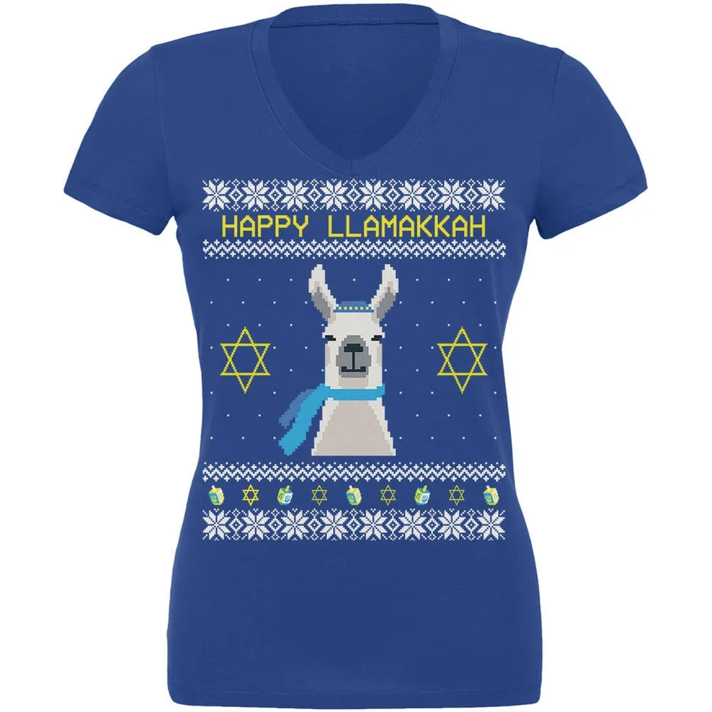 Llama Llamakkah Ugly Hanukkah Sweater Royal Juniors V-Neck T-Shirt