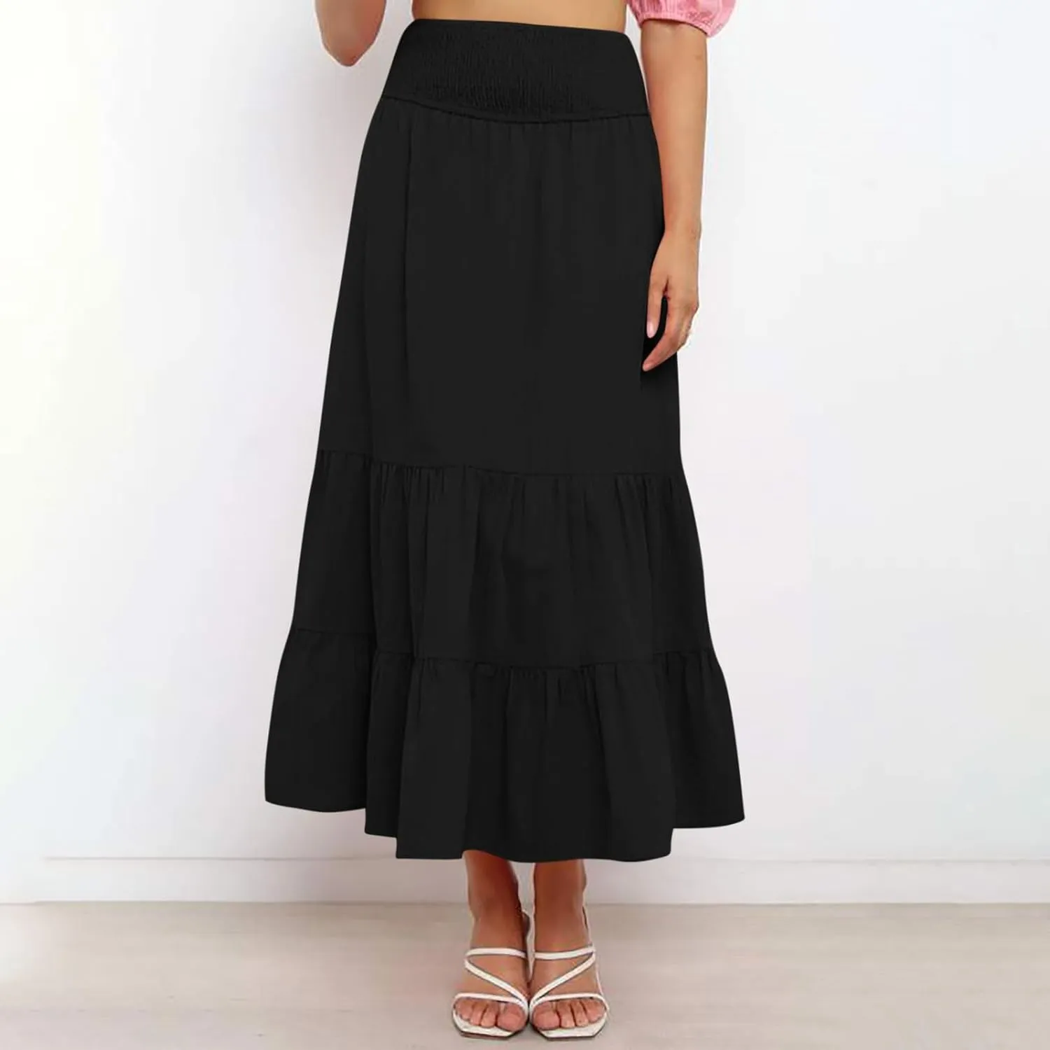 Lmdudan 2025 Women Summer Casual Elegant Smock Layered Tiered Maxi Skirt High Waisted A Line Flowy Long Skirts with Pockets