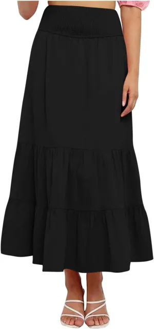 Lmdudan 2025 Women Summer Casual Elegant Smock Layered Tiered Maxi Skirt High Waisted A Line Flowy Long Skirts with Pockets