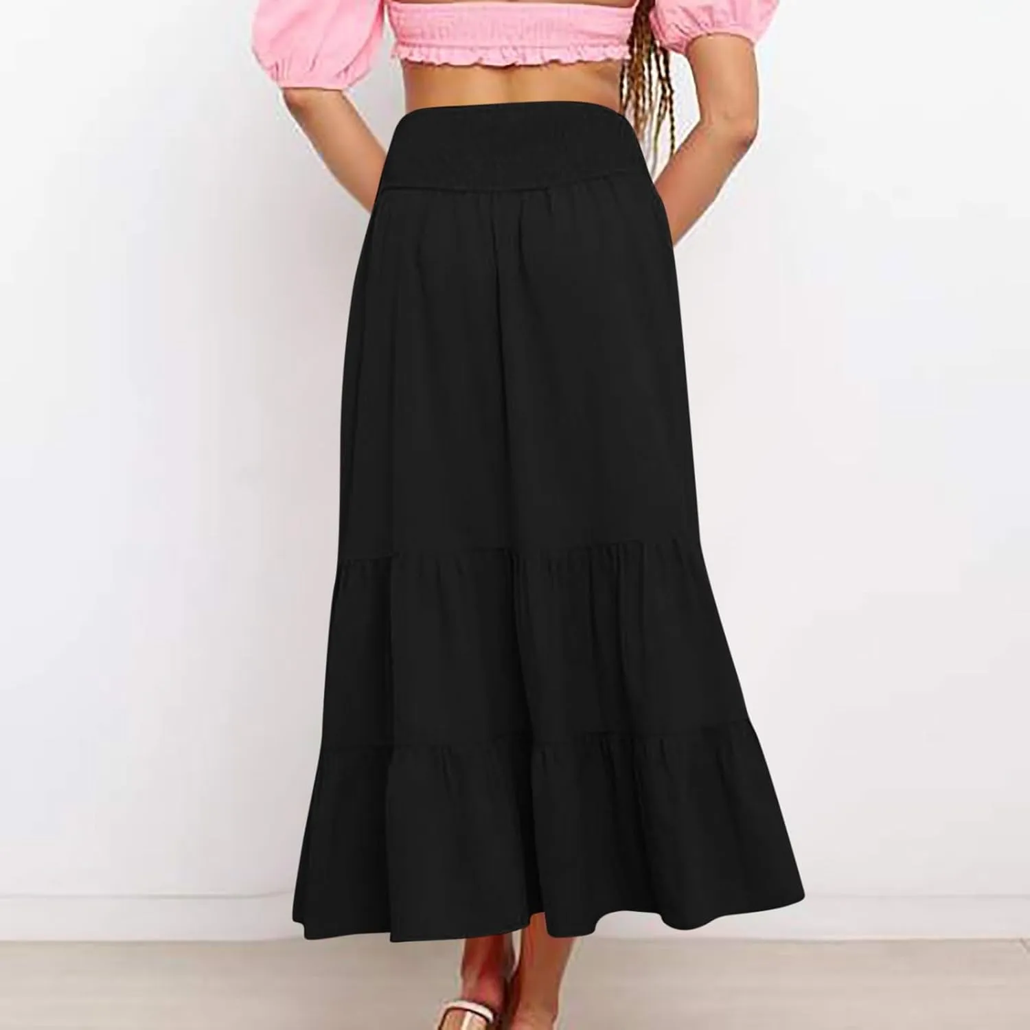 Lmdudan 2025 Women Summer Casual Elegant Smock Layered Tiered Maxi Skirt High Waisted A Line Flowy Long Skirts with Pockets