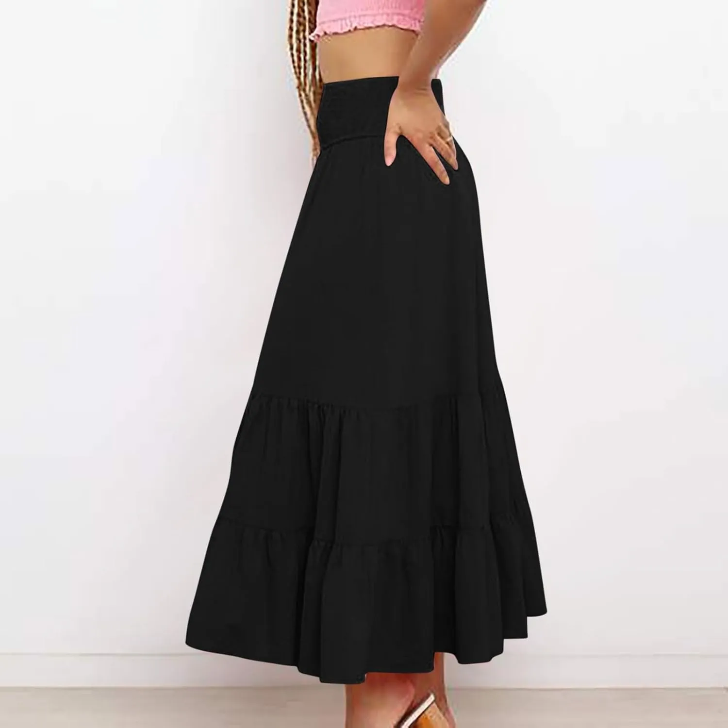 Lmdudan 2025 Women Summer Casual Elegant Smock Layered Tiered Maxi Skirt High Waisted A Line Flowy Long Skirts with Pockets