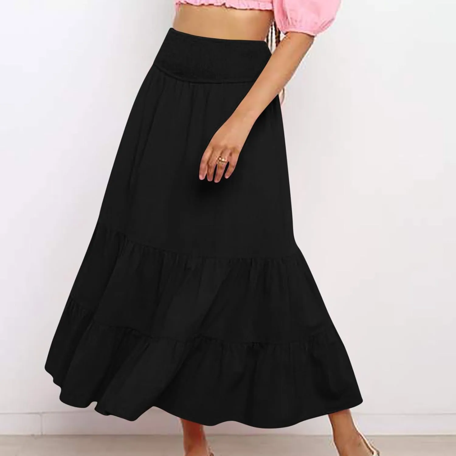 Lmdudan 2025 Women Summer Casual Elegant Smock Layered Tiered Maxi Skirt High Waisted A Line Flowy Long Skirts with Pockets