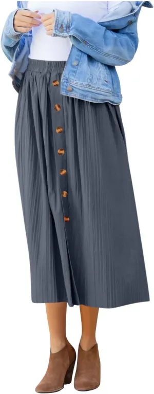 Lmdudan 2025 Womens Elegant Long Pleated Skirts Trendy Button Flowy Bohemian Skirt Elastic High Waisted Work Office Skirts