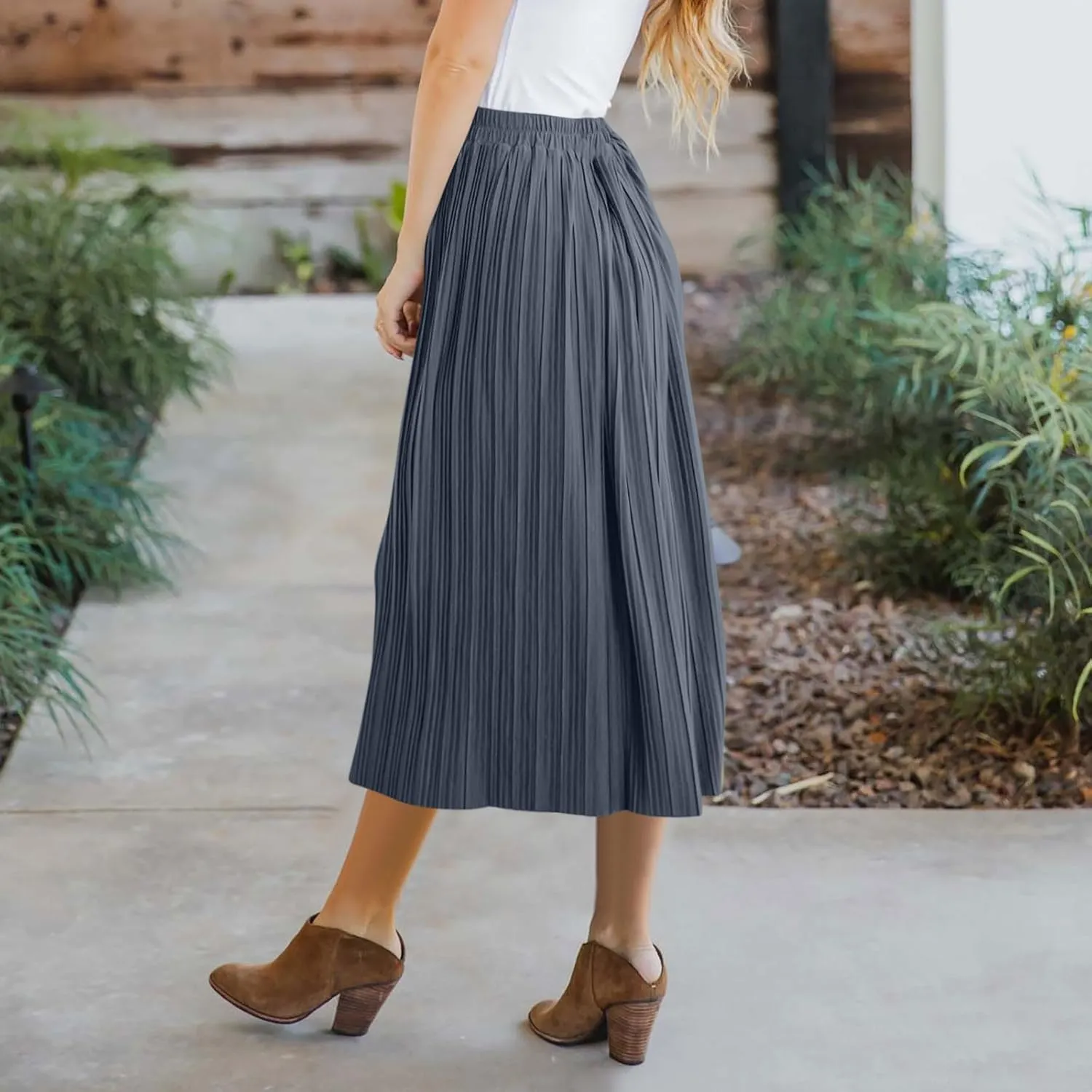 Lmdudan 2025 Womens Elegant Long Pleated Skirts Trendy Button Flowy Bohemian Skirt Elastic High Waisted Work Office Skirts