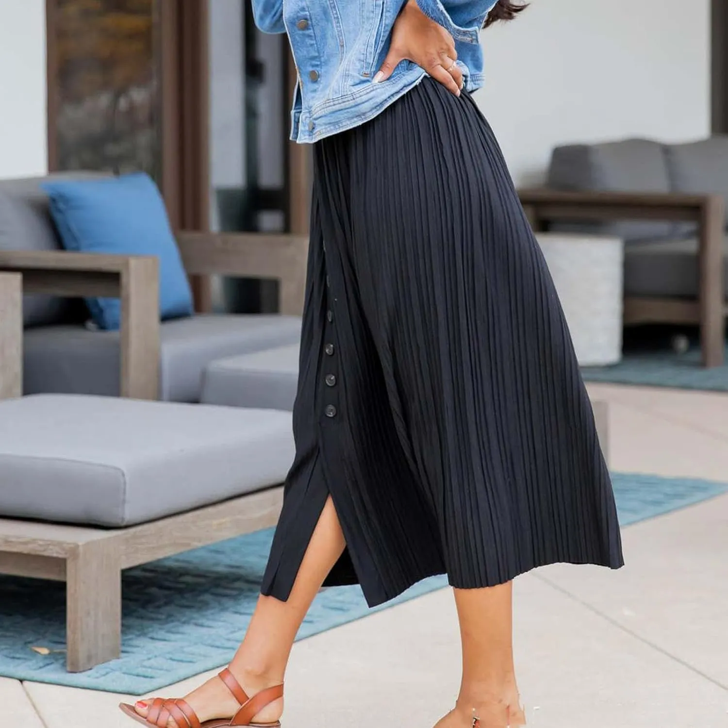 Lmdudan 2025 Womens Elegant Long Pleated Skirts Trendy Button Flowy Bohemian Skirt Elastic High Waisted Work Office Skirts