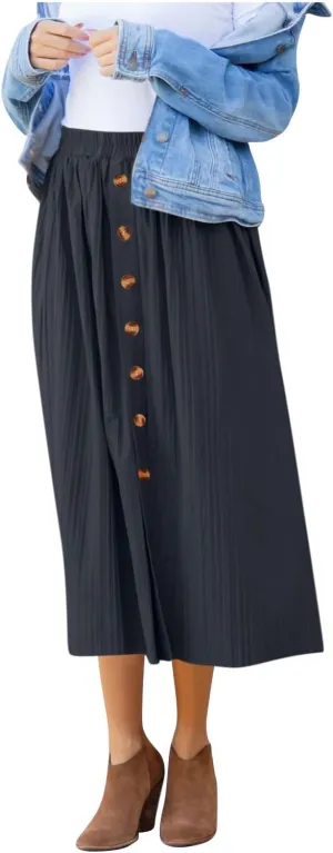 Lmdudan 2025 Womens Elegant Long Pleated Skirts Trendy Button Flowy Bohemian Skirt Elastic High Waisted Work Office Skirts