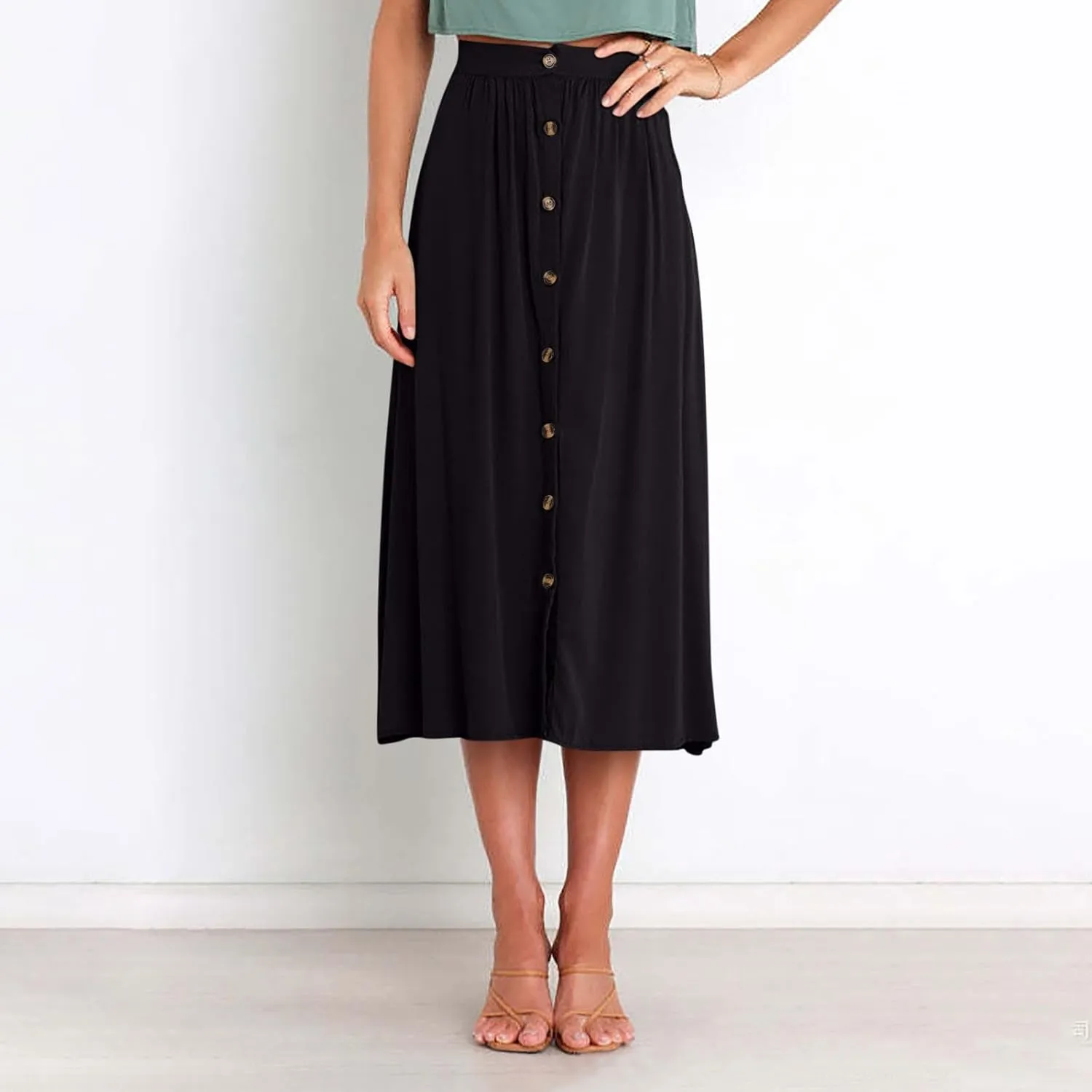 Lmdudan Women Button Down Flare Midi Skirt Trendy High Waisted A Line Flowy Skirts 2025 Summer Beach Solid Color Skirts