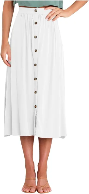 Lmdudan Women Button Down Flare Midi Skirt Trendy High Waisted A Line Flowy Skirts 2025 Summer Beach Solid Color Skirts