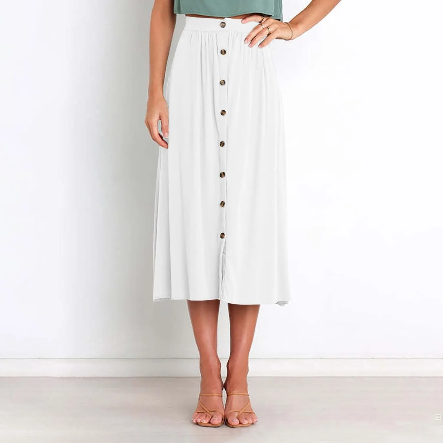 Lmdudan Women Button Down Flare Midi Skirt Trendy High Waisted A Line Flowy Skirts 2025 Summer Beach Solid Color Skirts