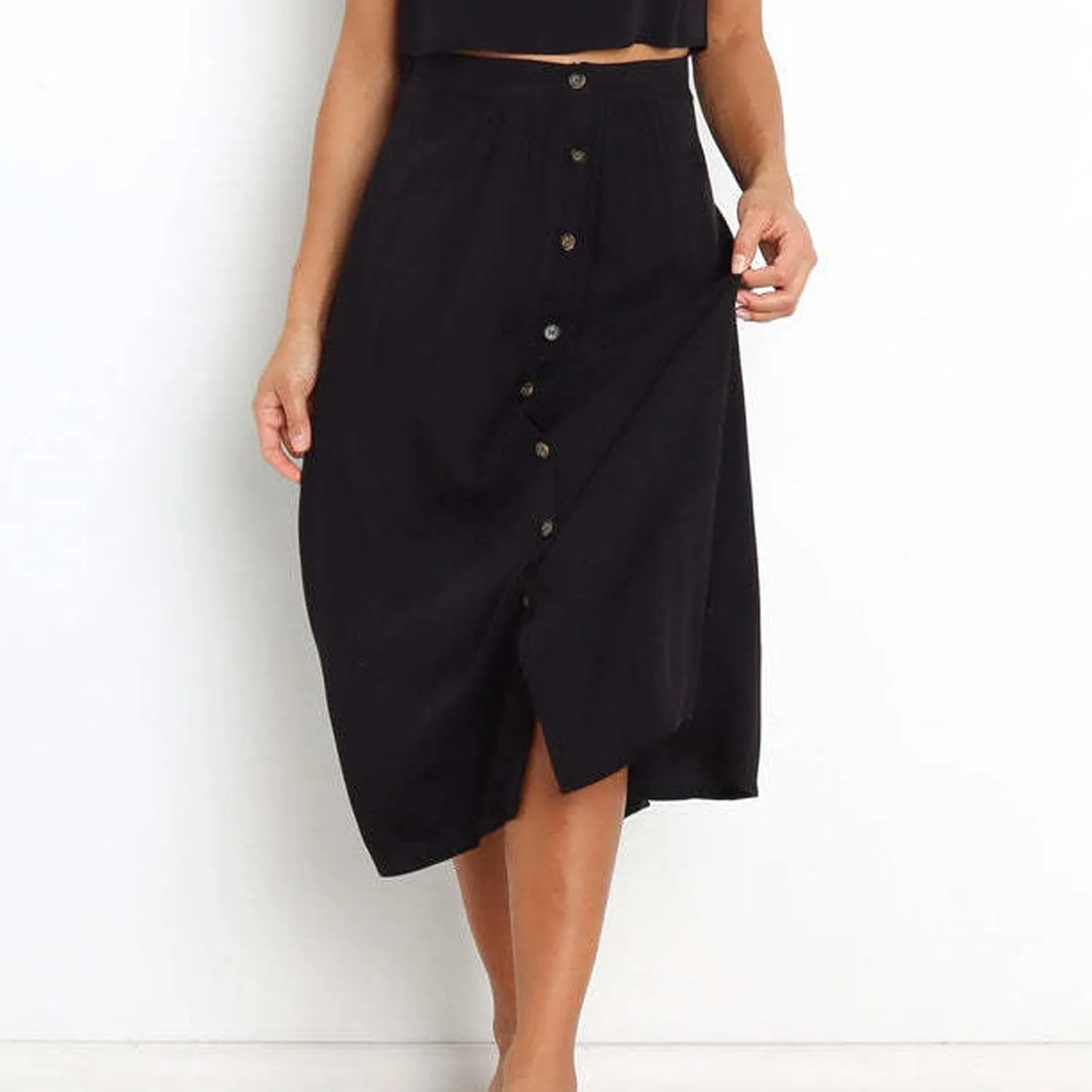 Lmdudan Women Button Down Flare Midi Skirt Trendy High Waisted A Line Flowy Skirts 2025 Summer Beach Solid Color Skirts
