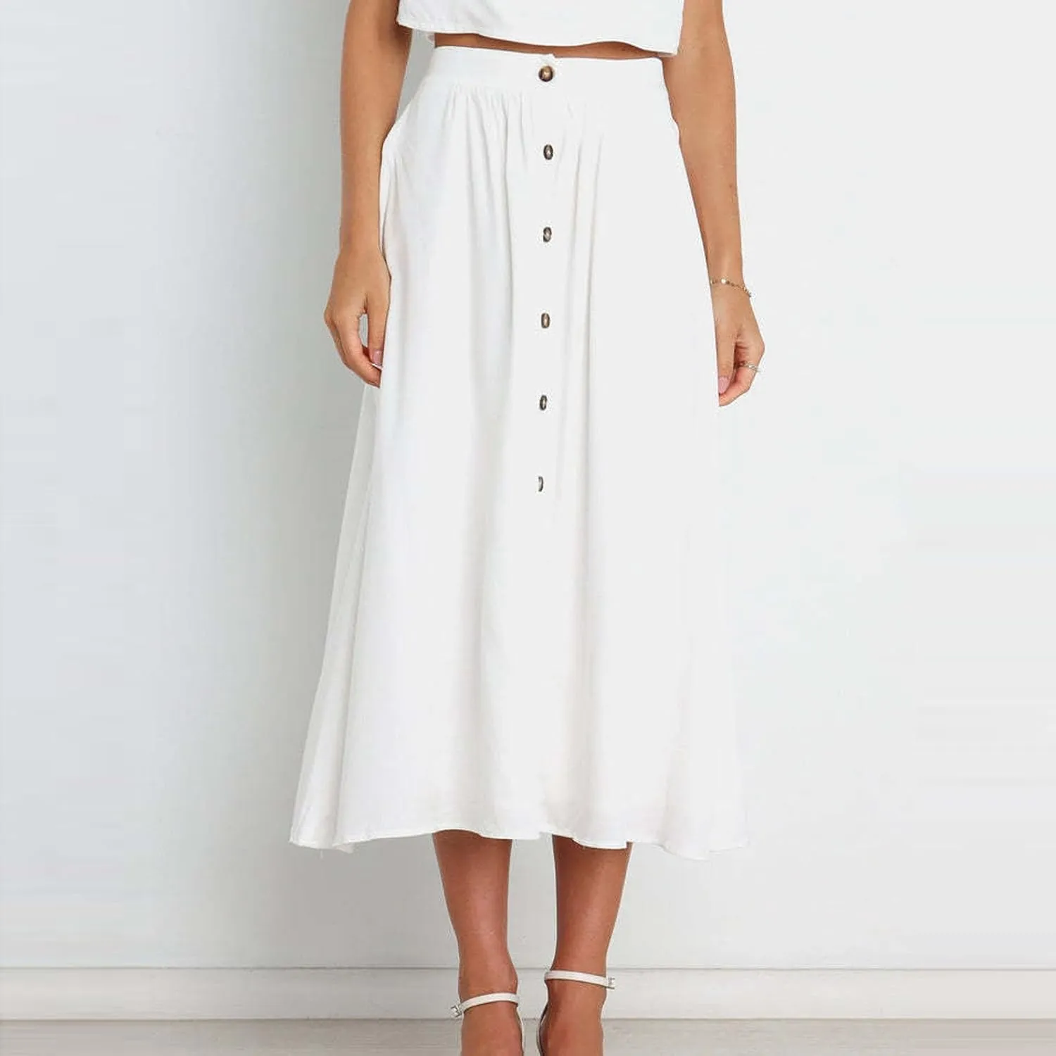 Lmdudan Women Button Down Flare Midi Skirt Trendy High Waisted A Line Flowy Skirts 2025 Summer Beach Solid Color Skirts