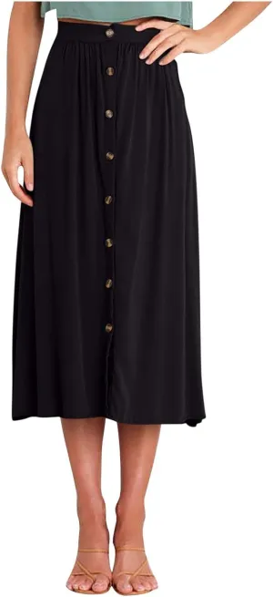 Lmdudan Women Button Down Flare Midi Skirt Trendy High Waisted A Line Flowy Skirts 2025 Summer Beach Solid Color Skirts