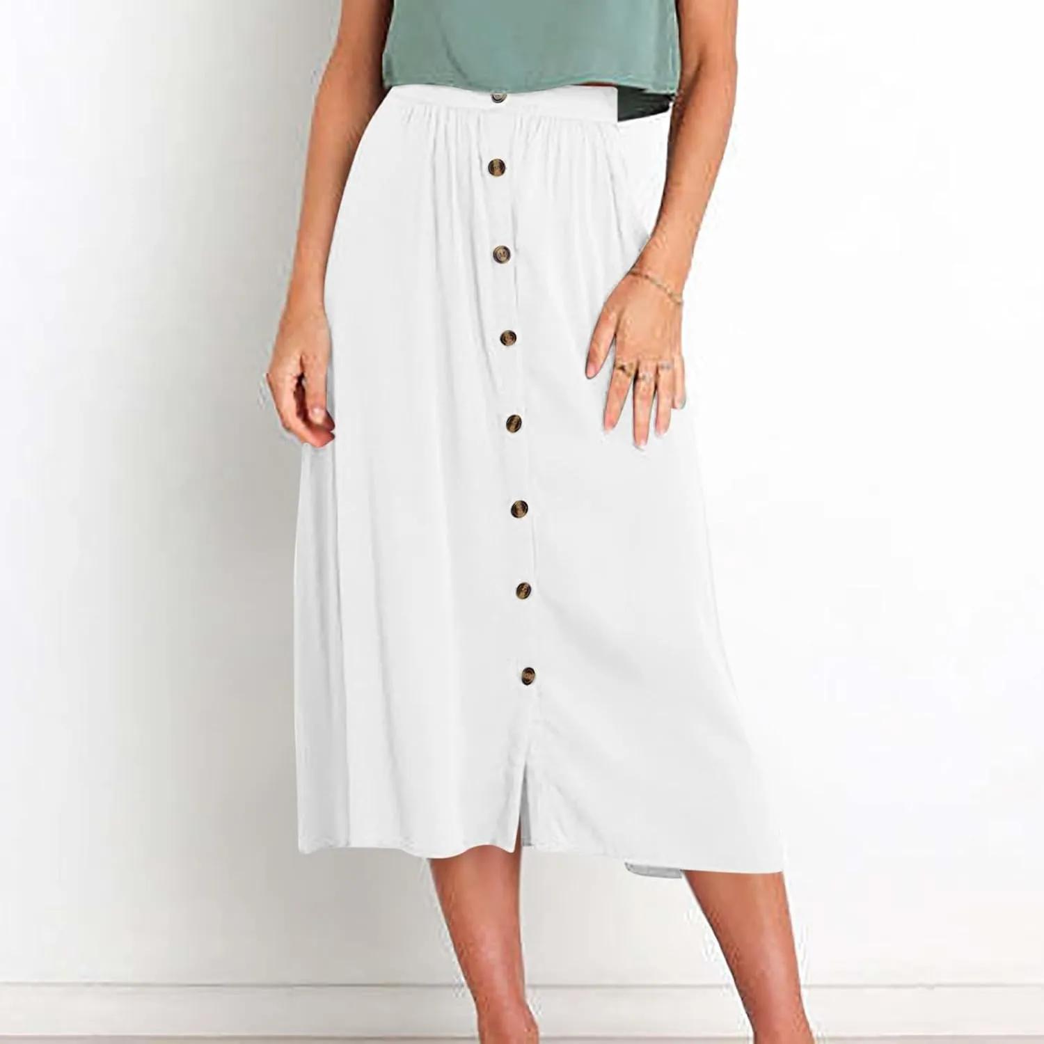 Lmdudan Women Button Down Flare Midi Skirt Trendy High Waisted A Line Flowy Skirts 2025 Summer Beach Solid Color Skirts