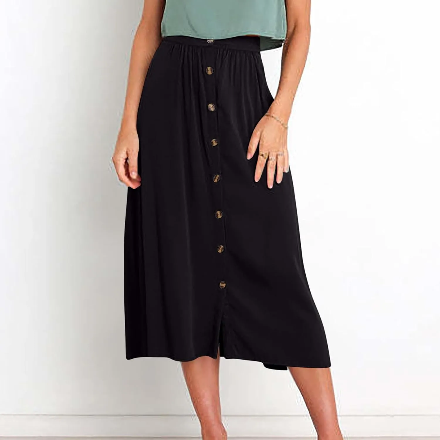 Lmdudan Women Button Down Flare Midi Skirt Trendy High Waisted A Line Flowy Skirts 2025 Summer Beach Solid Color Skirts