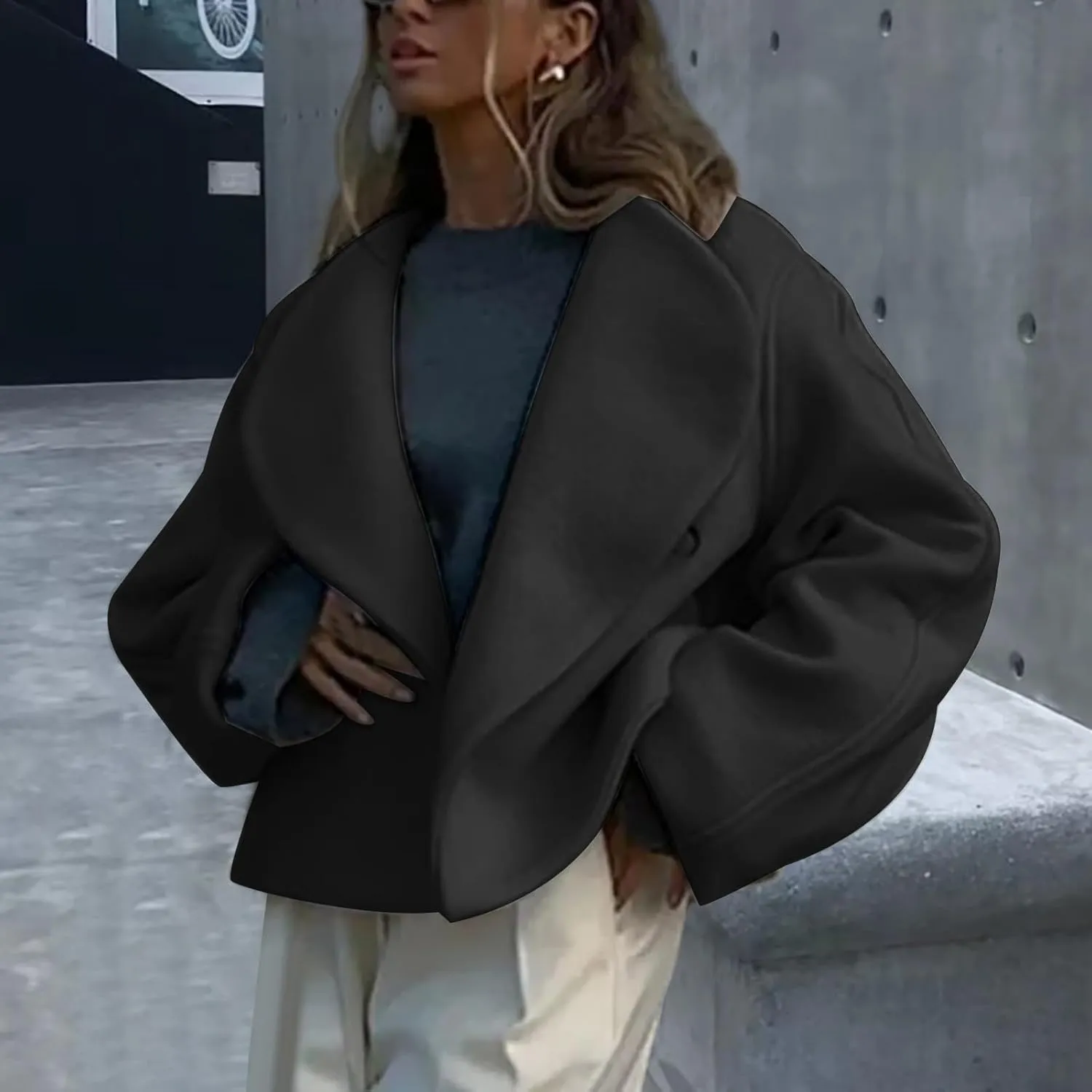 Lmdudan Women Cropped Pea Coat 2024 Winter Casual Jacket Classic Lapel Collar Open Front Fashion Loose Cardigan Outerwear