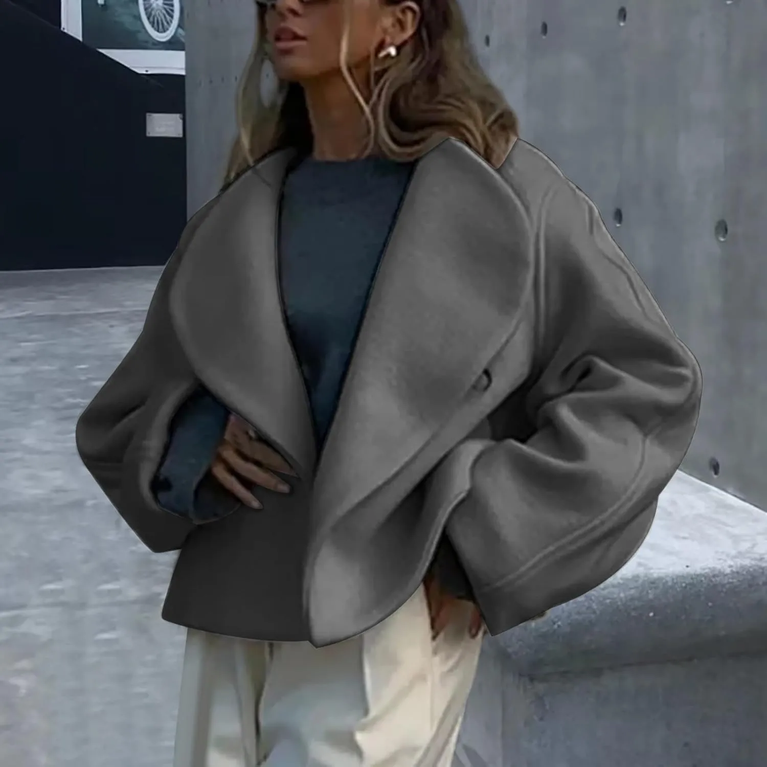 Lmdudan Women Warm Pea Coat Notched Lapel Neck Cropped Double Breasted Button Down Trench Overcoat Jackets with Pockets 2024