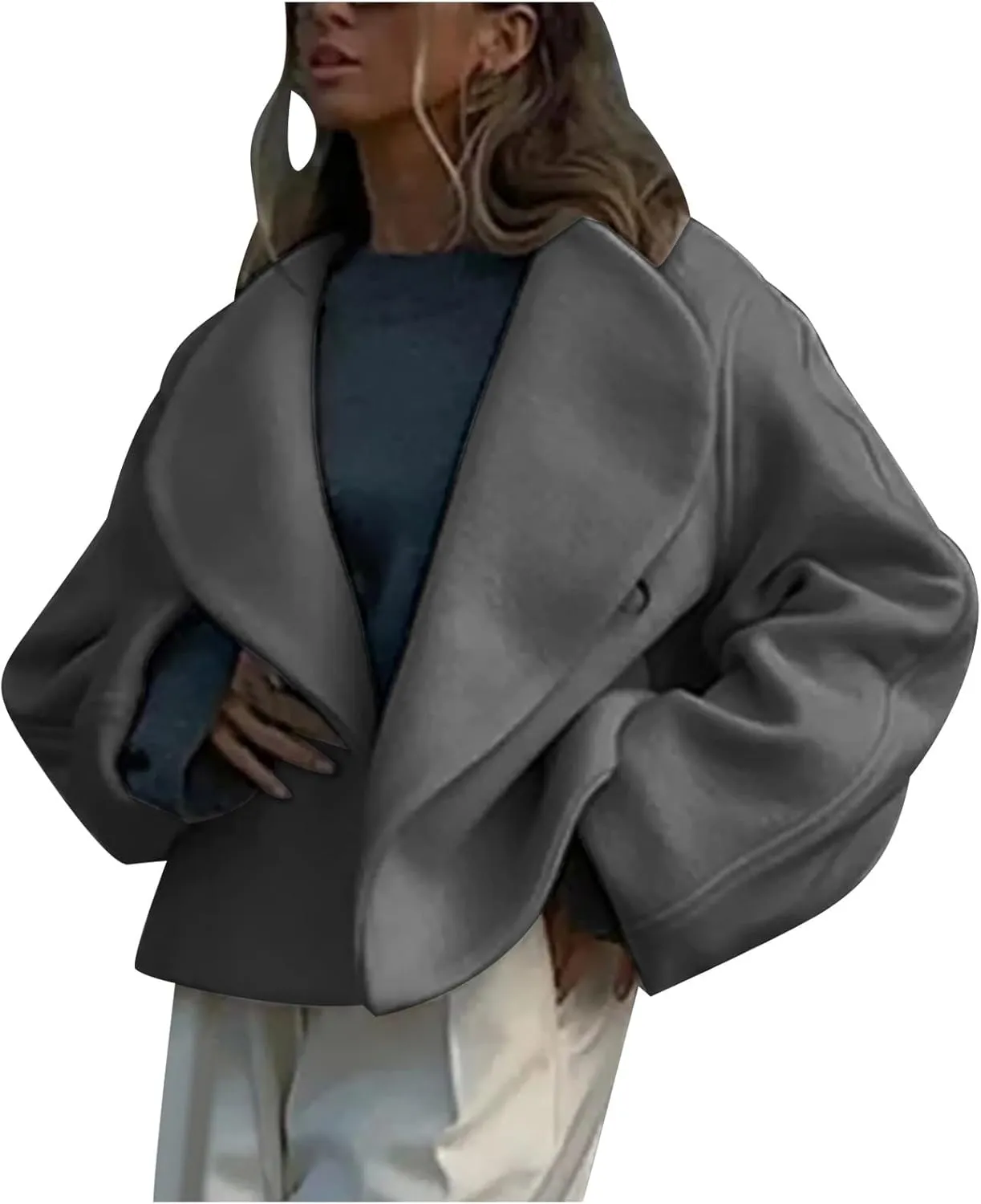 Lmdudan Women Warm Pea Coat Notched Lapel Neck Cropped Double Breasted Button Down Trench Overcoat Jackets with Pockets 2024