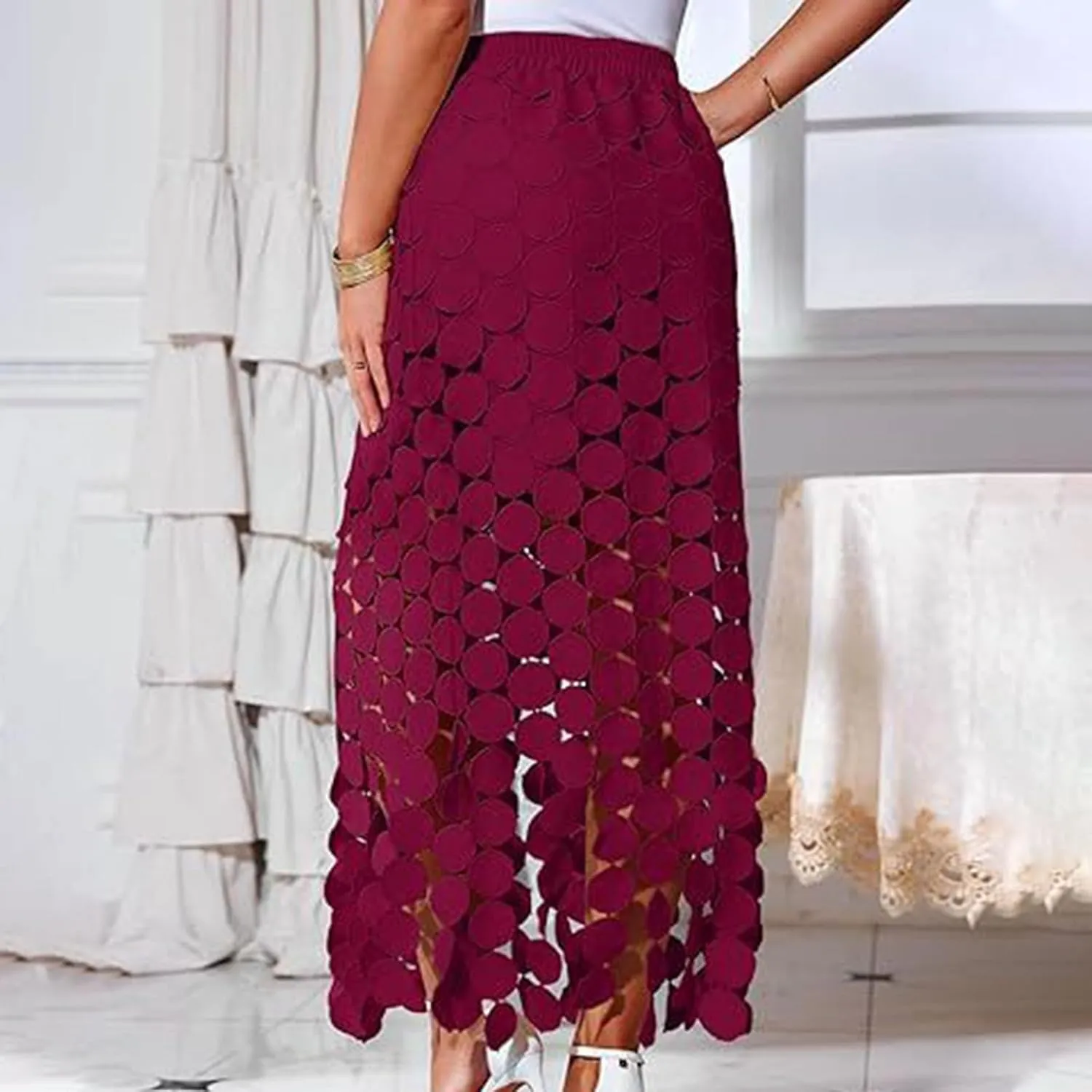 Lmdudan Womens Hollow Out Maxi Skirts 2025 Summer Elastic High Waisted Boho Fringe Hem Long Skirt Trendy Vacation Skirts