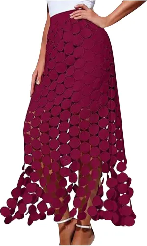 Lmdudan Womens Hollow Out Maxi Skirts 2025 Summer Elastic High Waisted Boho Fringe Hem Long Skirt Trendy Vacation Skirts