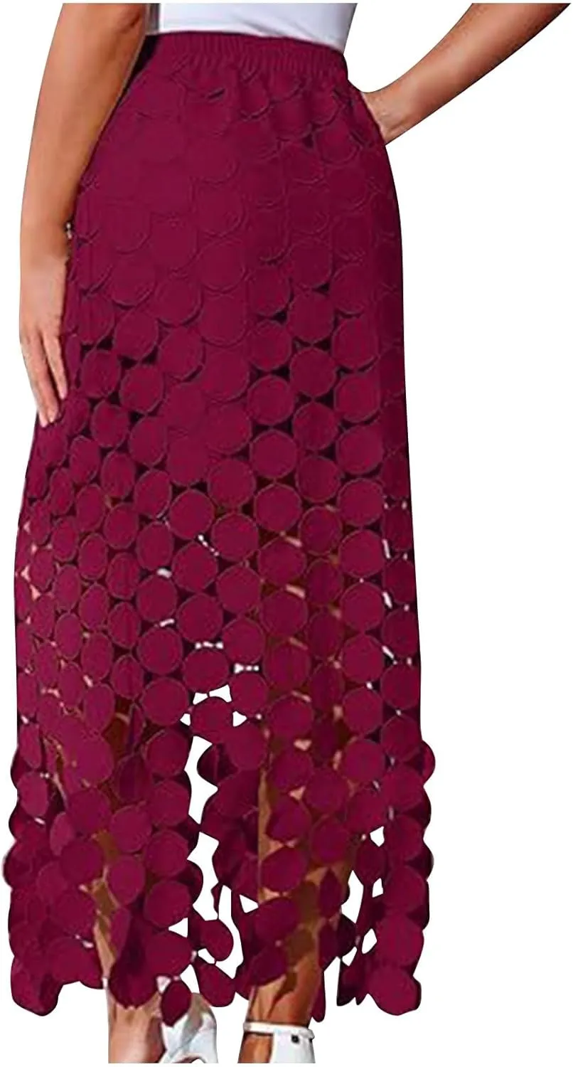 Lmdudan Womens Hollow Out Maxi Skirts 2025 Summer Elastic High Waisted Boho Fringe Hem Long Skirt Trendy Vacation Skirts