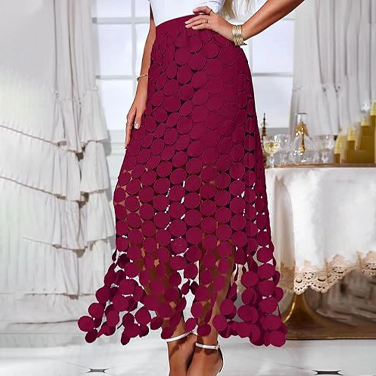 Lmdudan Womens Hollow Out Maxi Skirts 2025 Summer Elastic High Waisted Boho Fringe Hem Long Skirt Trendy Vacation Skirts