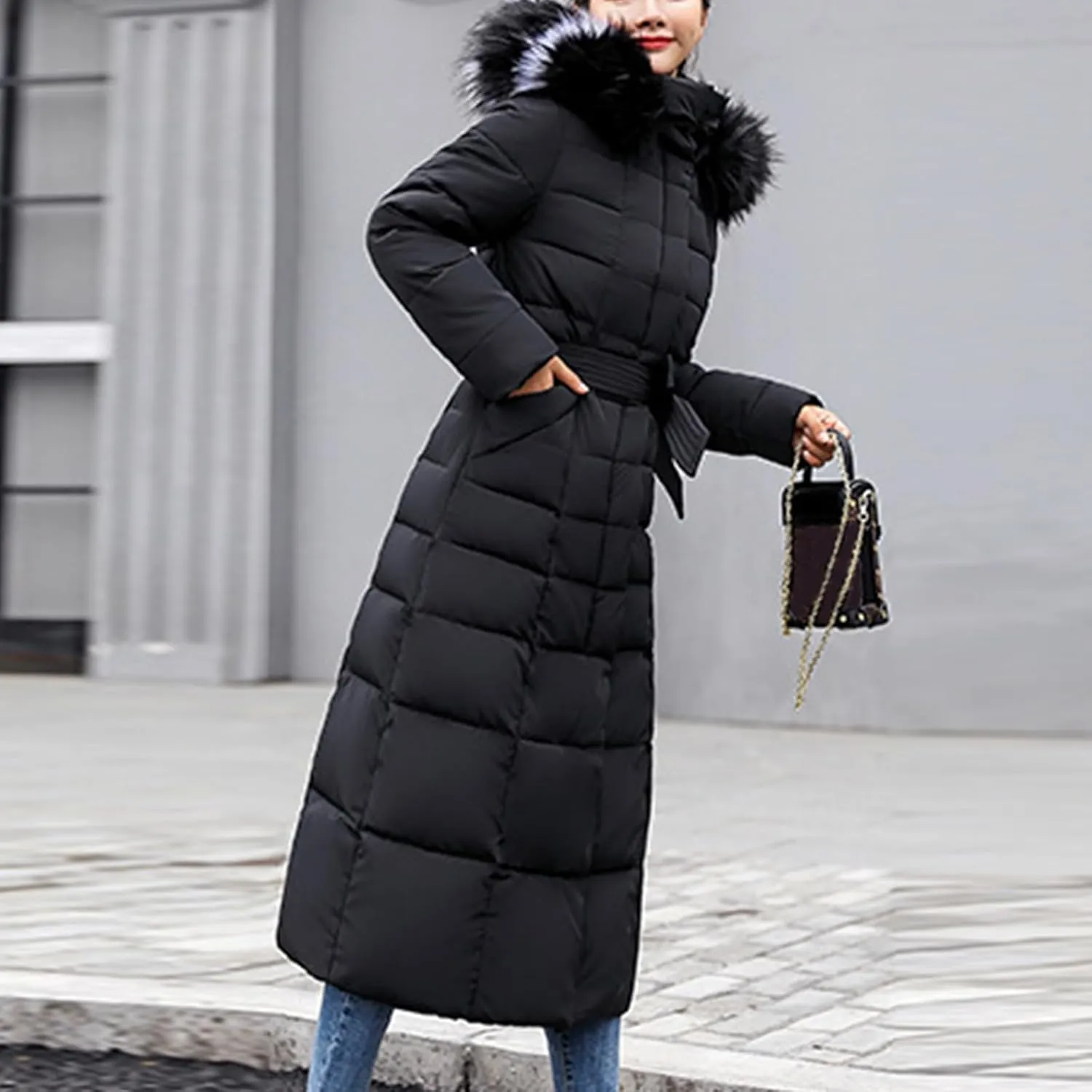 Long Down Coat Women Warm Thick Winter Windproof Puffer Jacket 2024 Trendy Slim Fit Parka Outwear with Faux Fur Hood