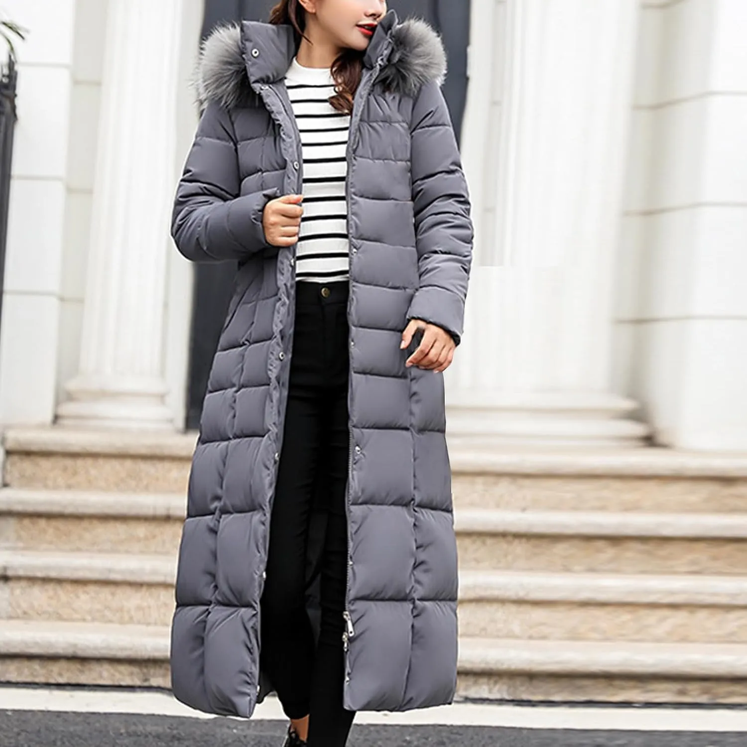 Long Down Coat Women Warm Thick Winter Windproof Puffer Jacket 2024 Trendy Slim Fit Parka Outwear with Faux Fur Hood