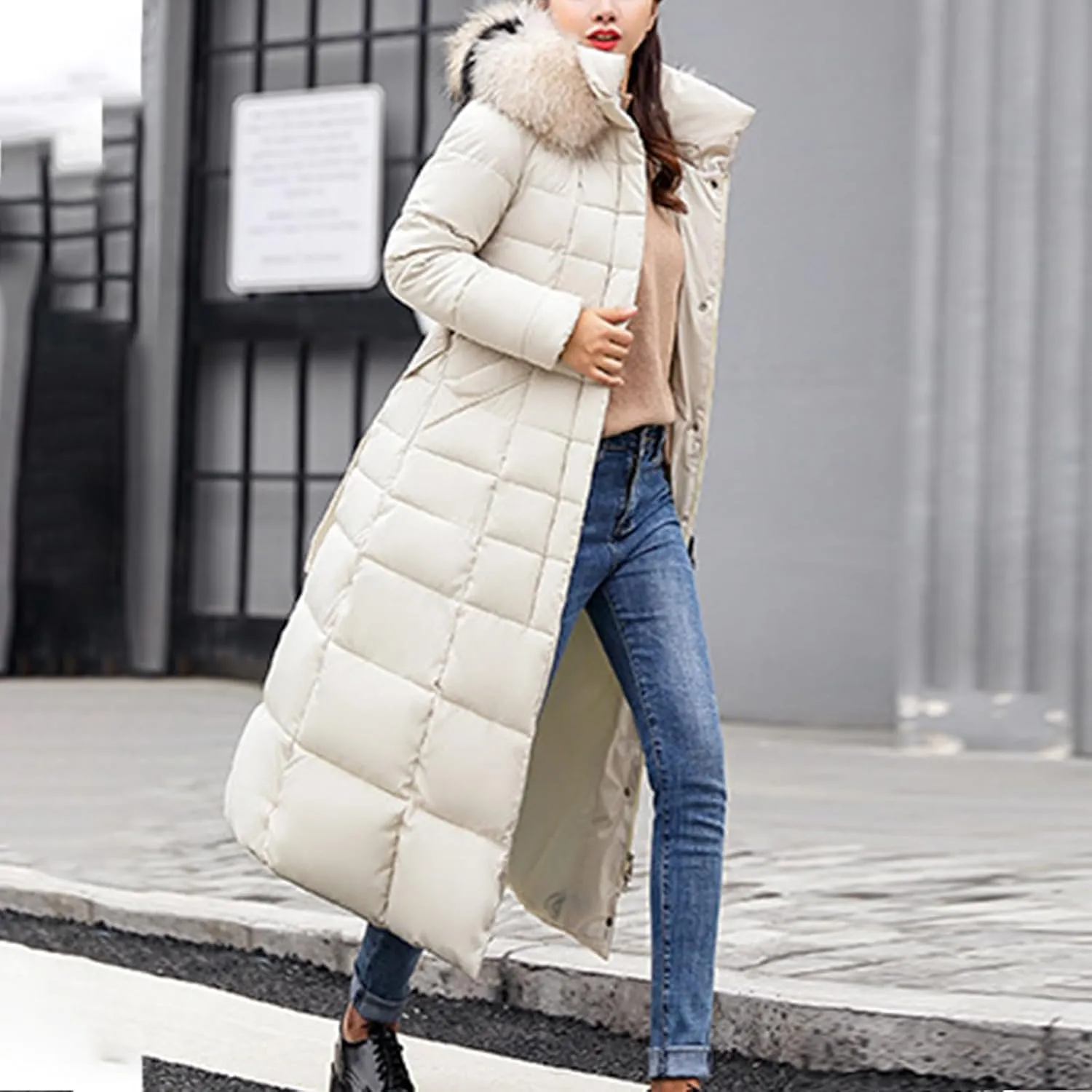 Long Down Coat Women Warm Thick Winter Windproof Puffer Jacket 2024 Trendy Slim Fit Parka Outwear with Faux Fur Hood