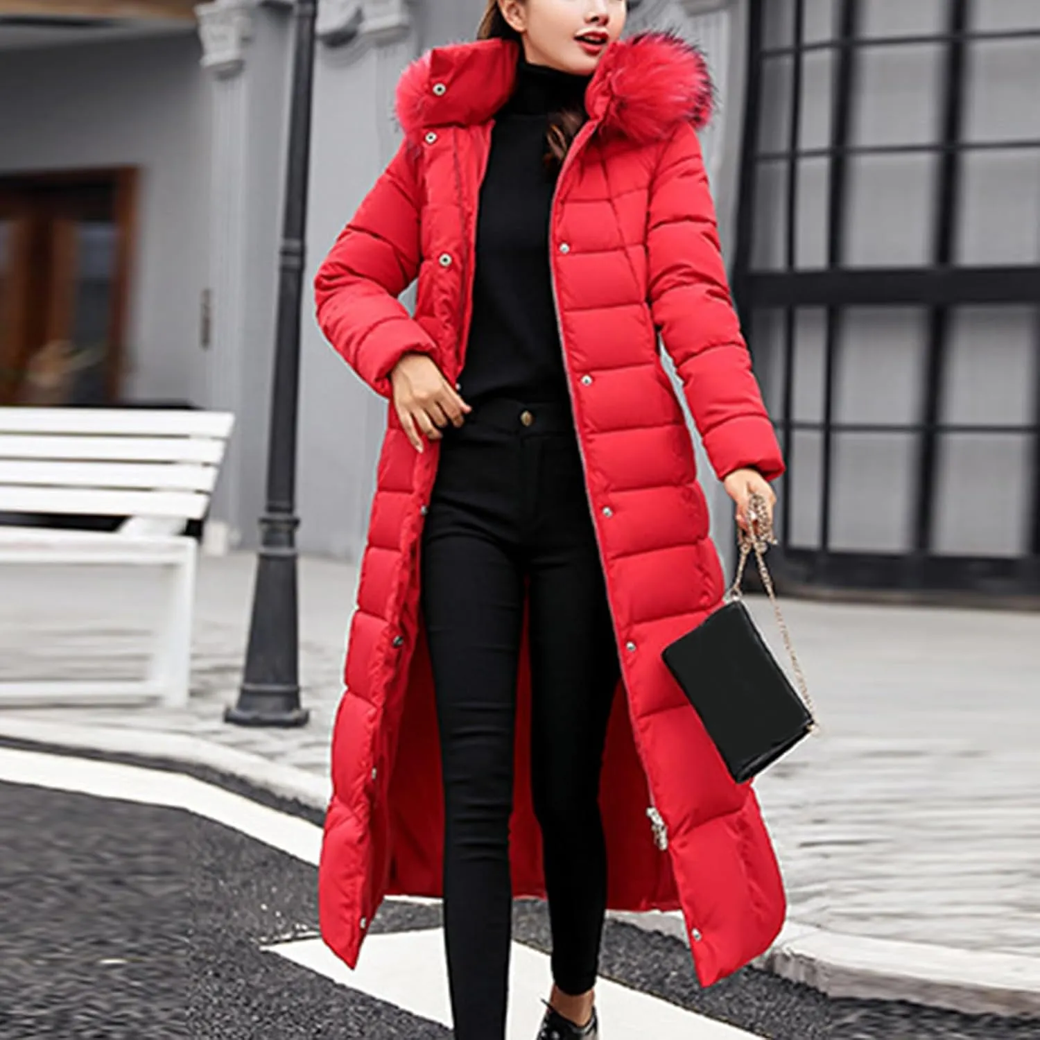 Long Down Coat Women Warm Thick Winter Windproof Puffer Jacket 2024 Trendy Slim Fit Parka Outwear with Faux Fur Hood