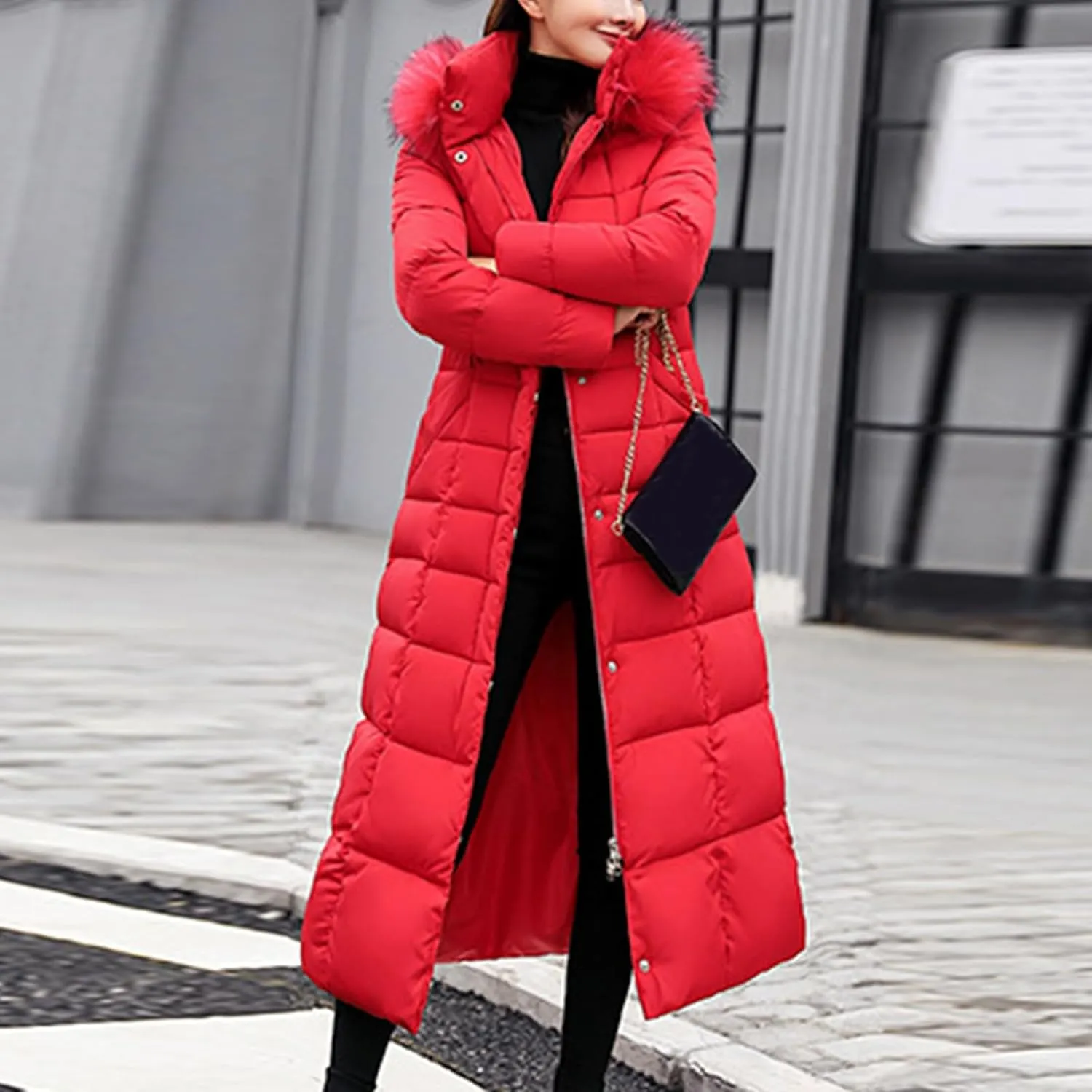 Long Down Coat Women Warm Thick Winter Windproof Puffer Jacket 2024 Trendy Slim Fit Parka Outwear with Faux Fur Hood