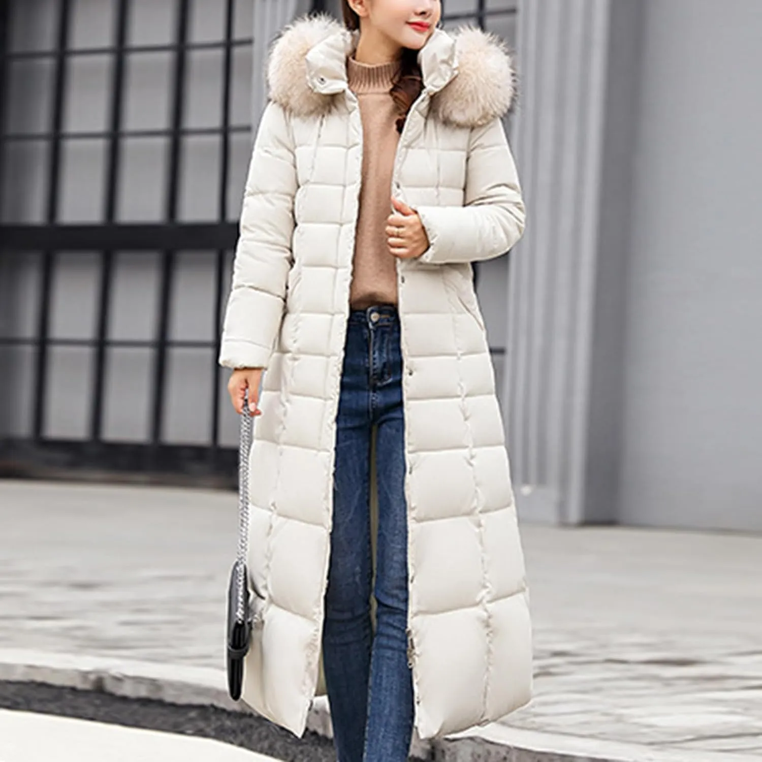 Long Down Coat Women Warm Thick Winter Windproof Puffer Jacket 2024 Trendy Slim Fit Parka Outwear with Faux Fur Hood