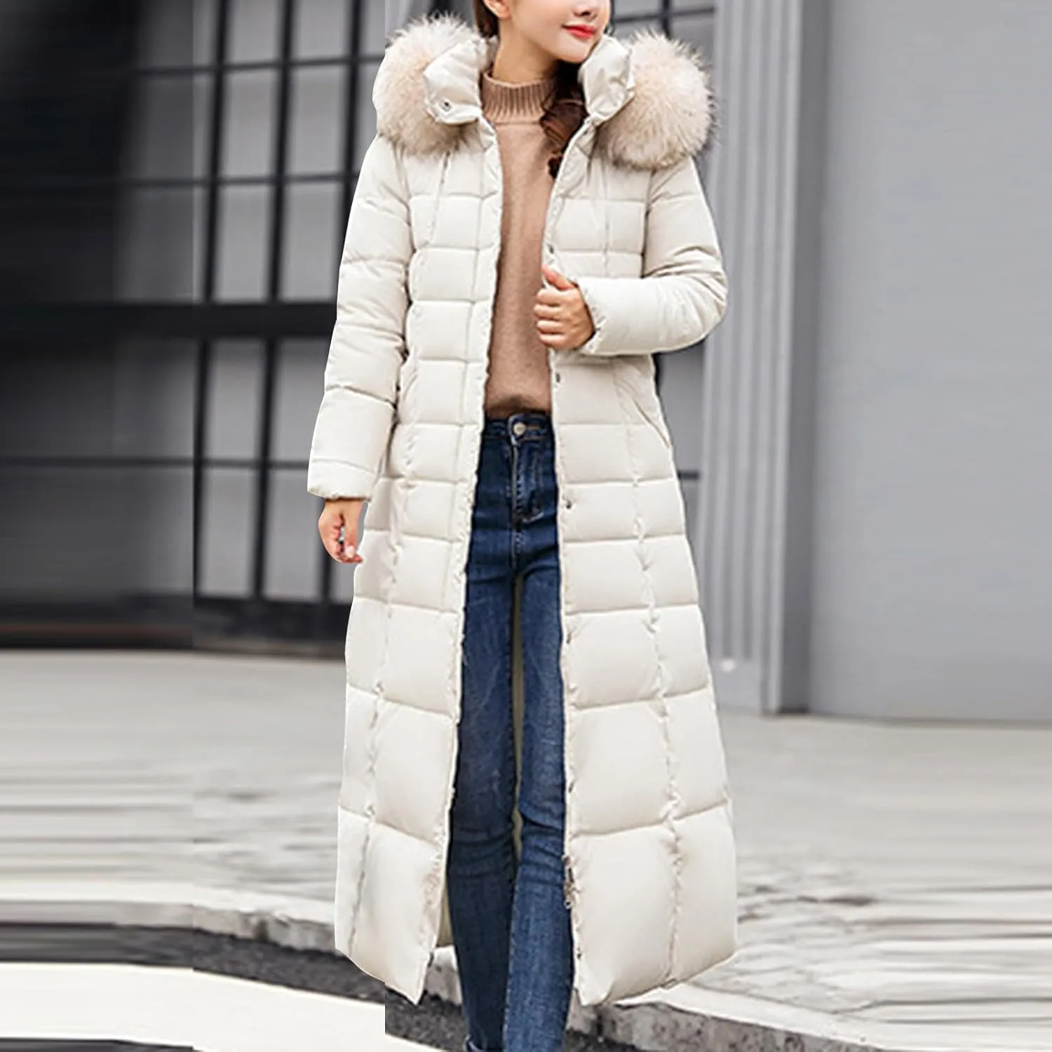 Long Down Coat Women Warm Thick Winter Windproof Puffer Jacket 2024 Trendy Slim Fit Parka Outwear with Faux Fur Hood