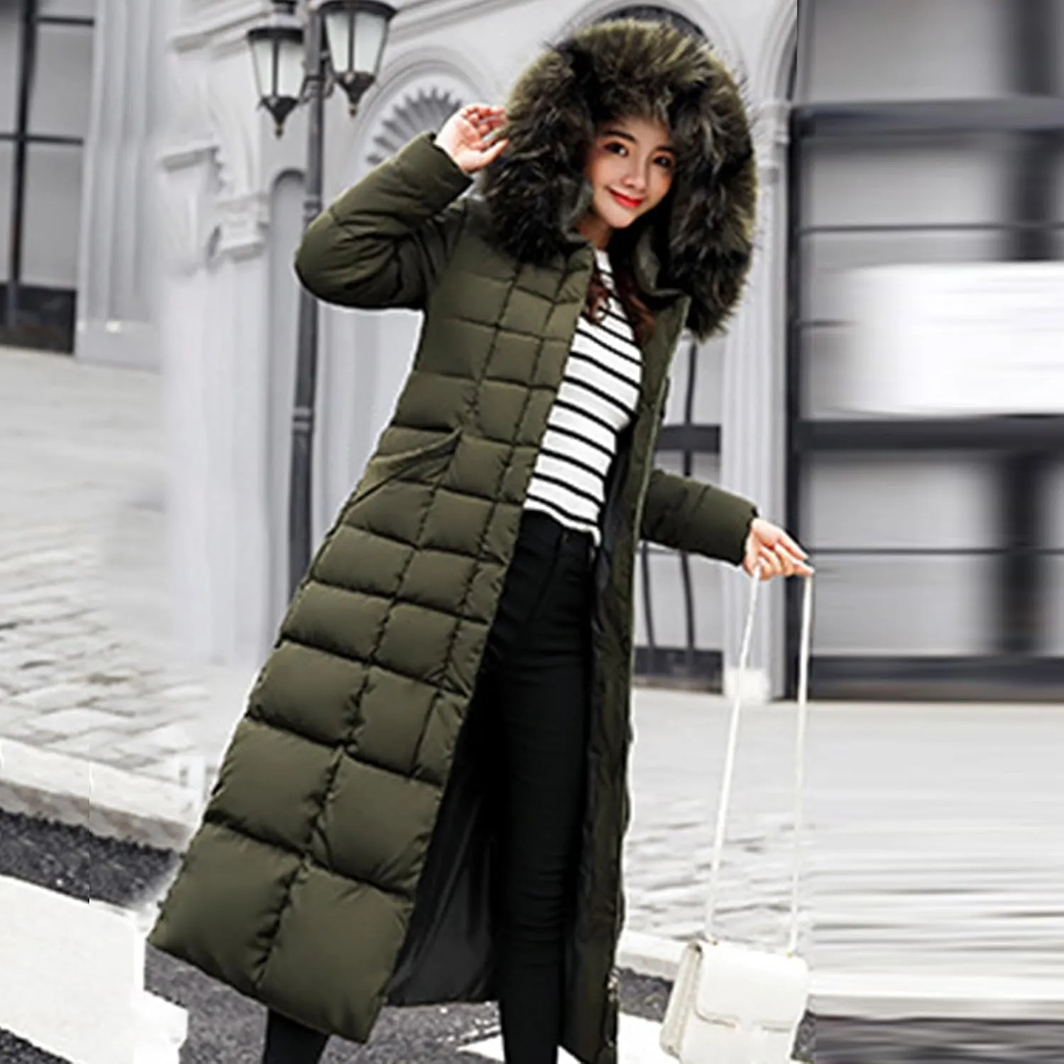 Long Down Coat Women Warm Thick Winter Windproof Puffer Jacket 2024 Trendy Slim Fit Parka Outwear with Faux Fur Hood