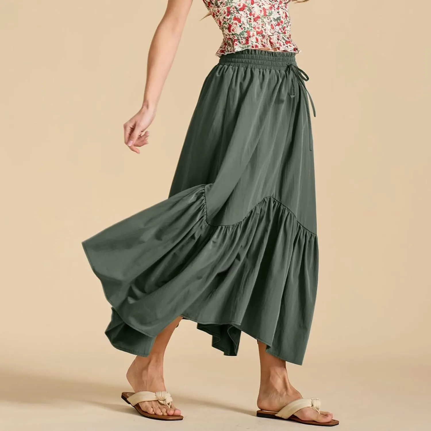 Long Skirts for Women Solid High Waisted Pleated Renaissance Skirt Casual Summer Fashion Flowy Tiered A-Line Skirts